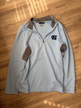 Majestic Light Blue Pullover with Brown Trim and Logo